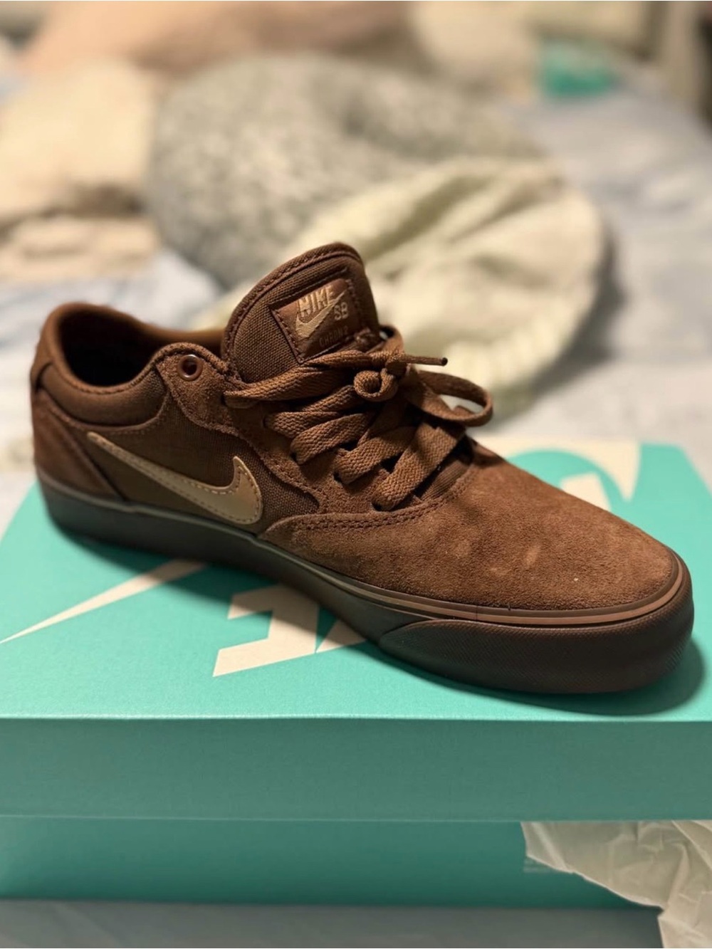 Nike Brown Suede Low-Top Skate Sneakers with Tan Swoosh